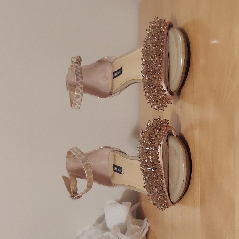 Alex Marie Champagne Beaded Animal Print Leather Ankle Strap Heels Size 6.5 - Picture 2 of 16